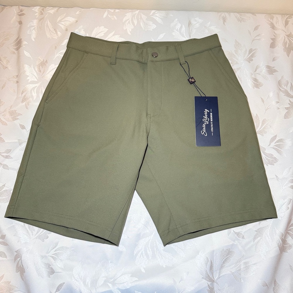State and Liberty Mens Athletic Fit Shorts Olive Green 32 4-Way Stretch Golf